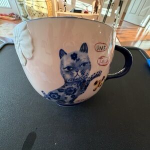 Anthropologie Blue and Cream Cat Mug